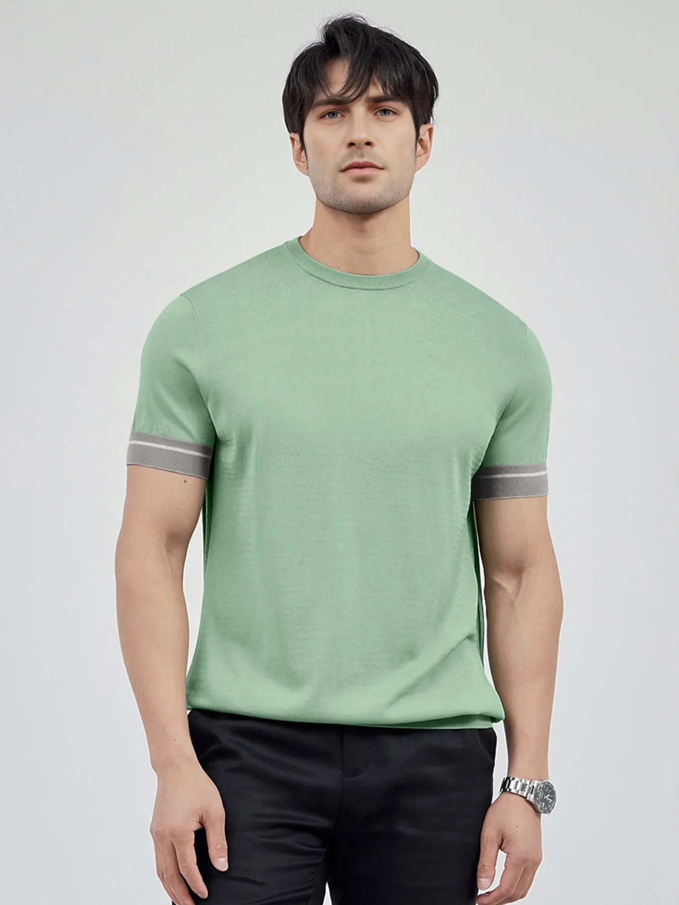 CoolKnit Color Blocked Cuffs Short Sleeve Knitted T-Shirt - Image 11
