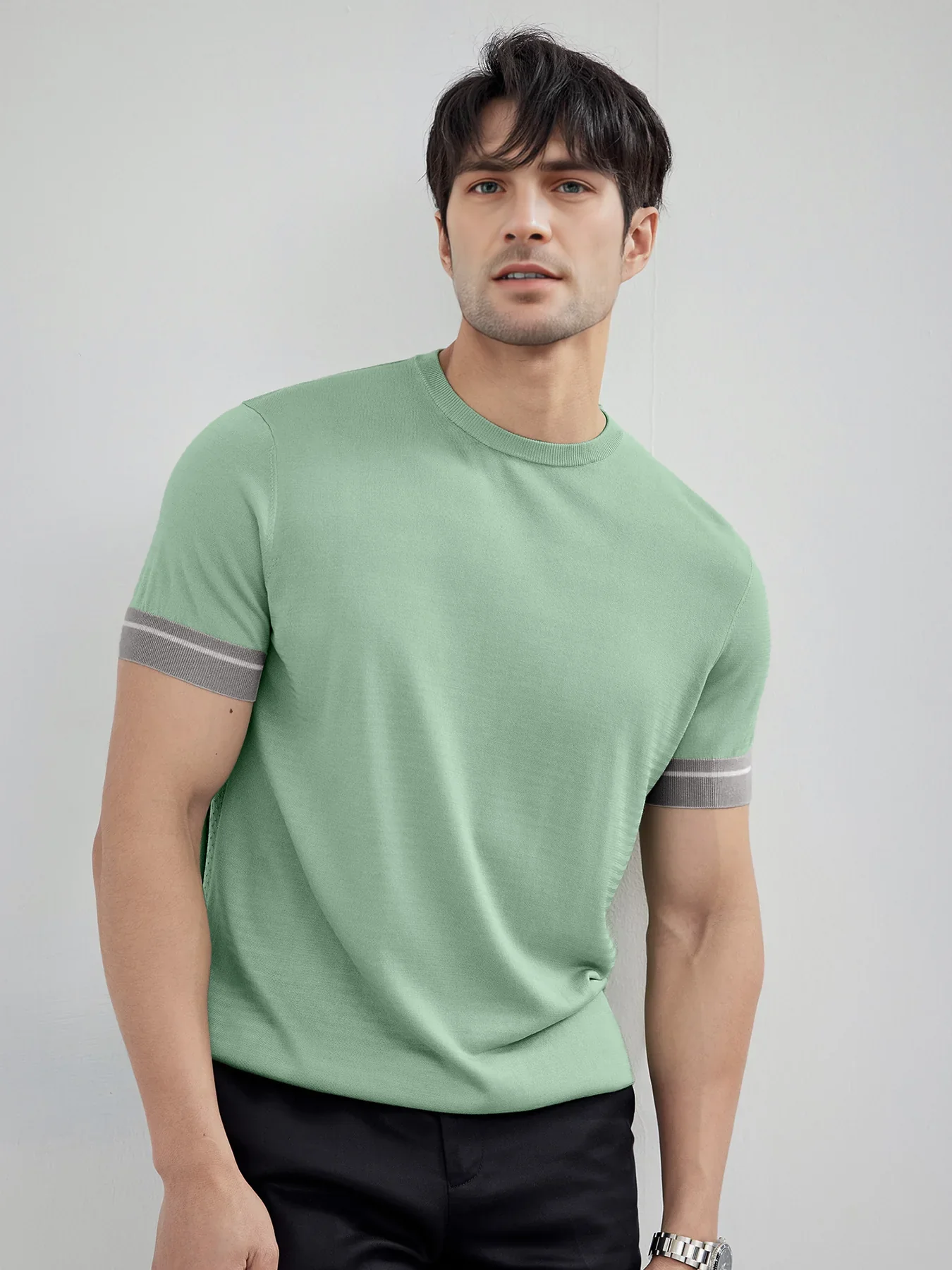 CoolKnit Color Blocked Cuffs Short Sleeve Knitted T-Shirt - Image 12