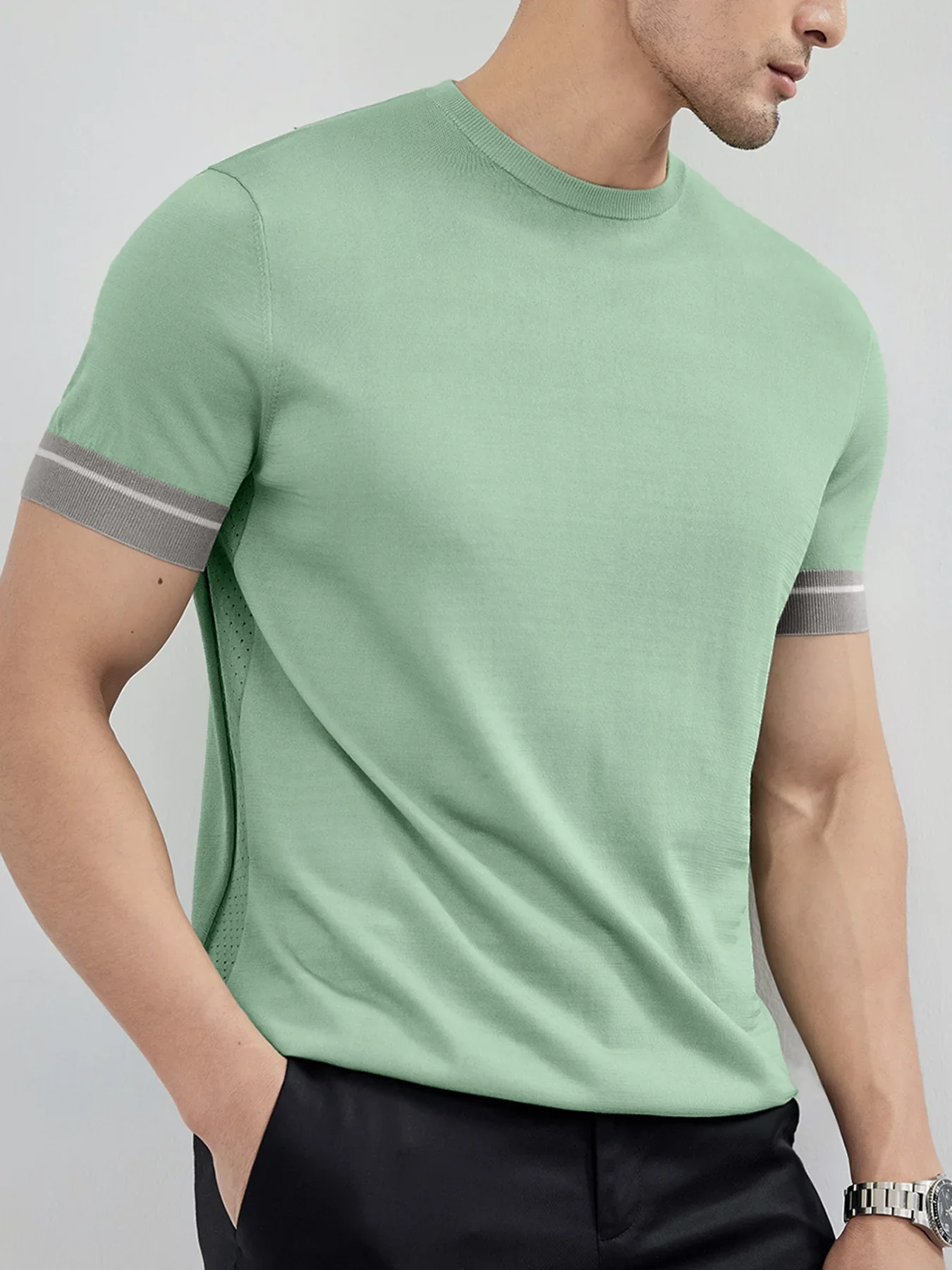 CoolKnit Color Blocked Cuffs Short Sleeve Knitted T-Shirt - Image 13