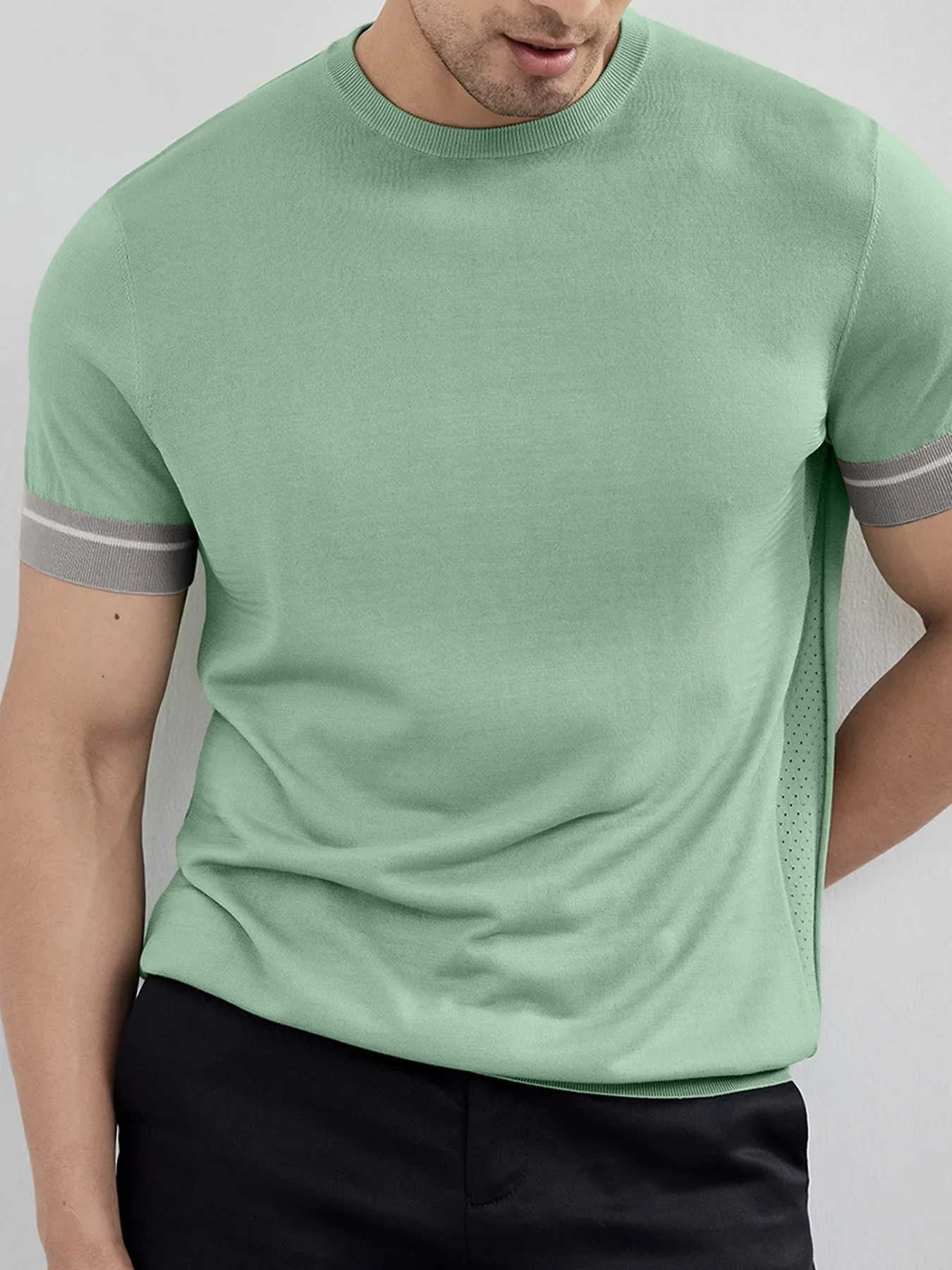 CoolKnit Color Blocked Cuffs Short Sleeve Knitted T-Shirt - Image 14