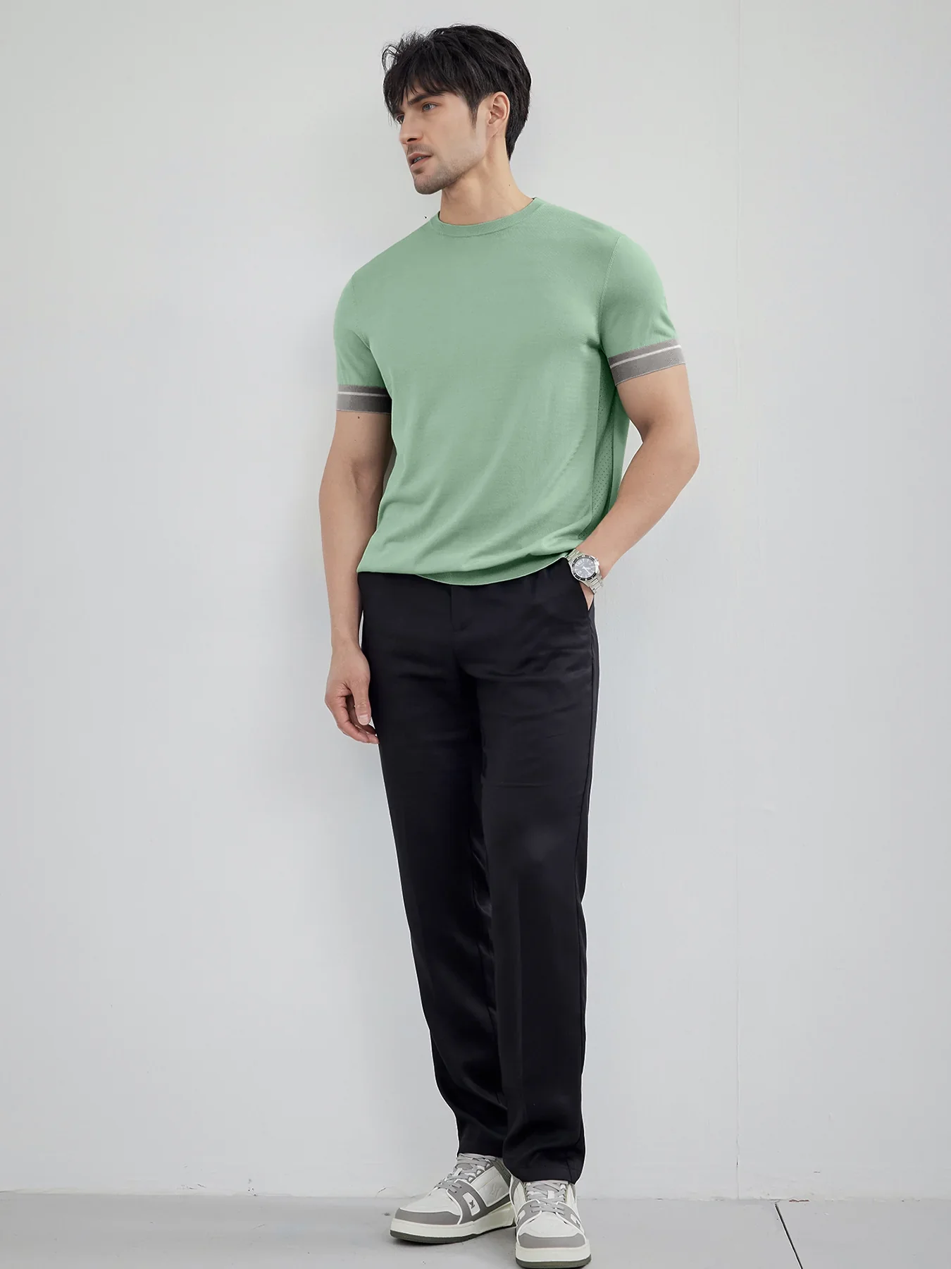 CoolKnit Color Blocked Cuffs Short Sleeve Knitted T-Shirt - Image 15