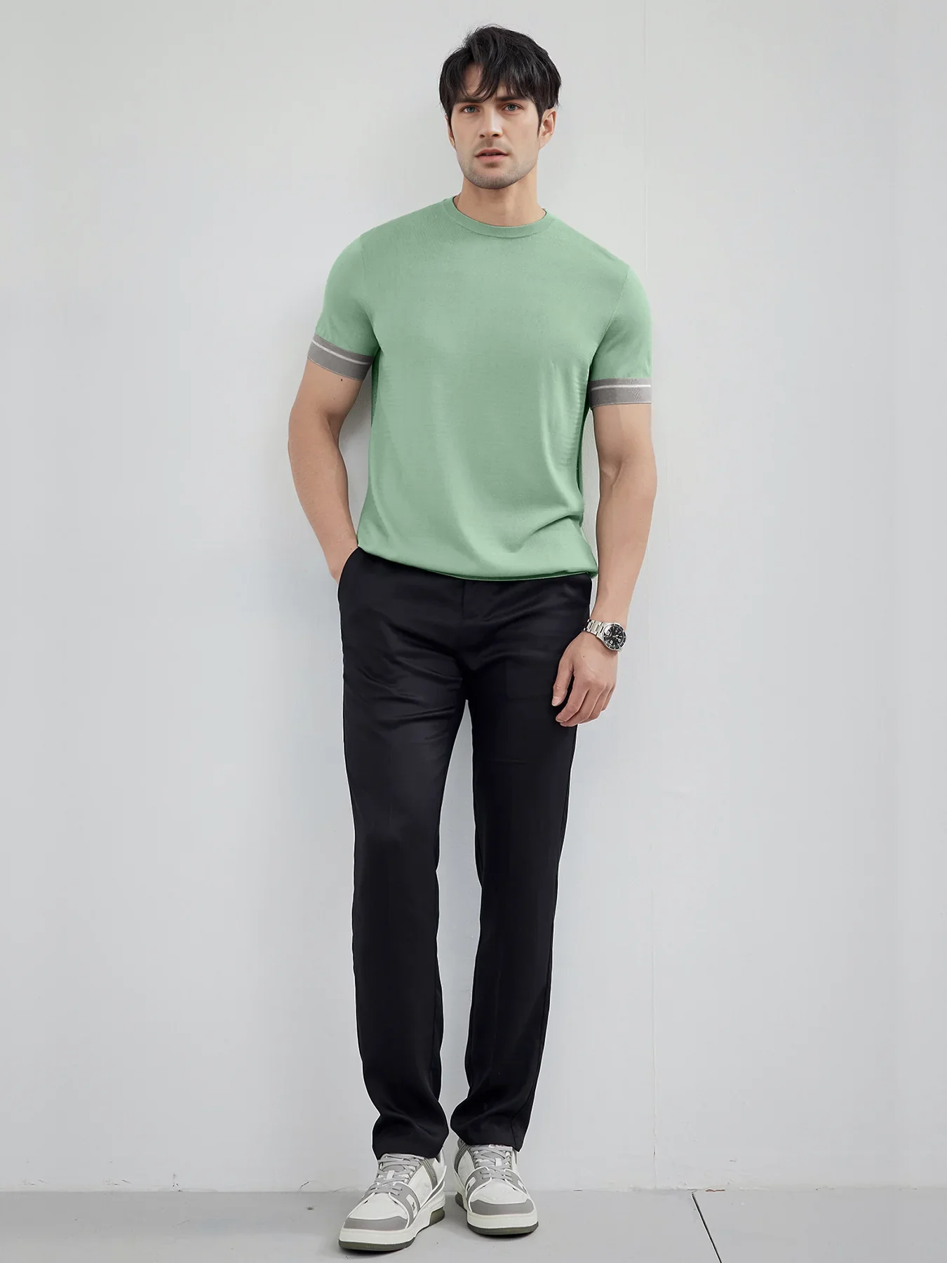 CoolKnit Color Blocked Cuffs Short Sleeve Knitted T-Shirt - Image 16