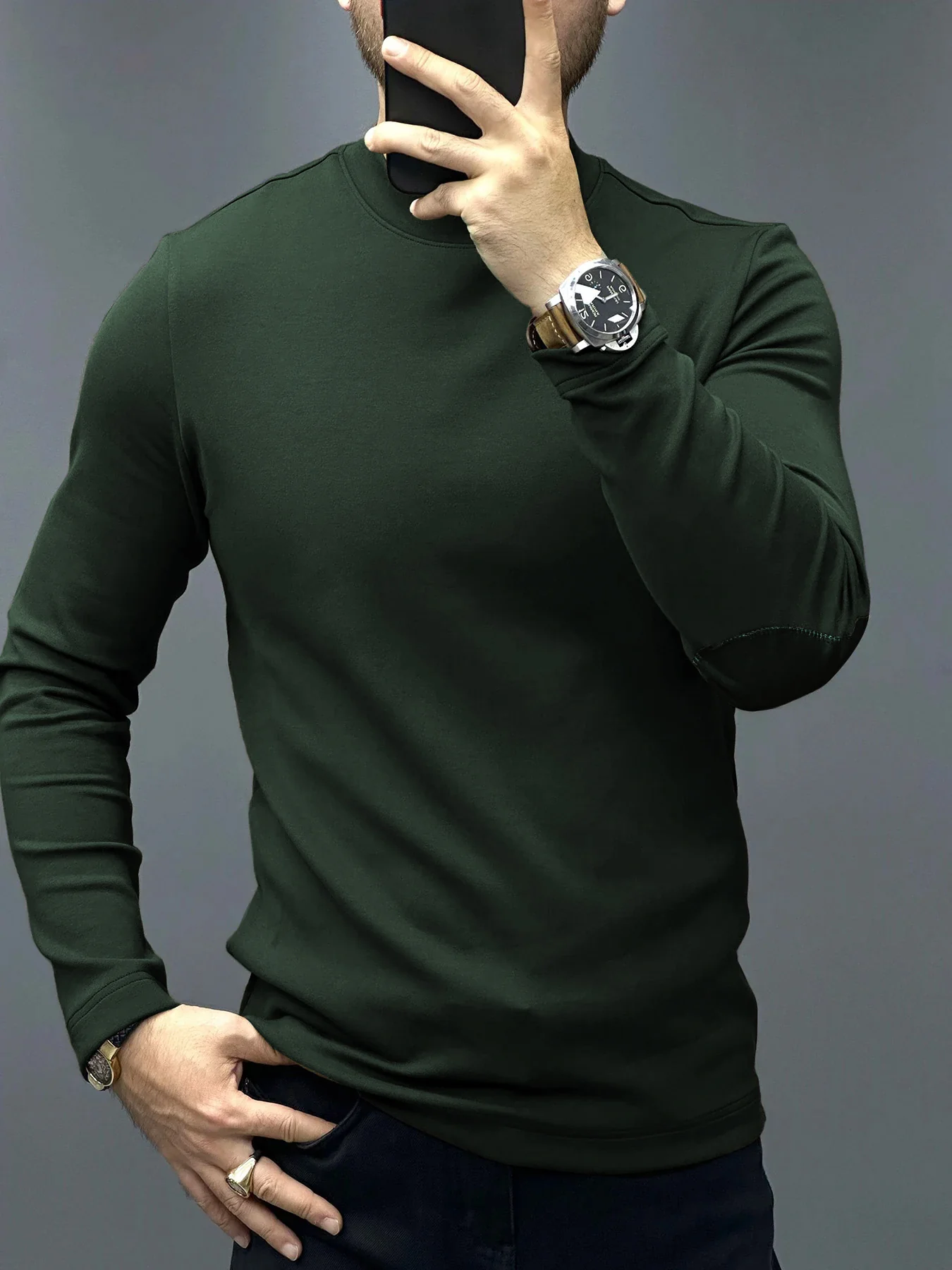 Modal Blend Elbow Patch Long Sleeve Tee:Slim Fit - Image 15