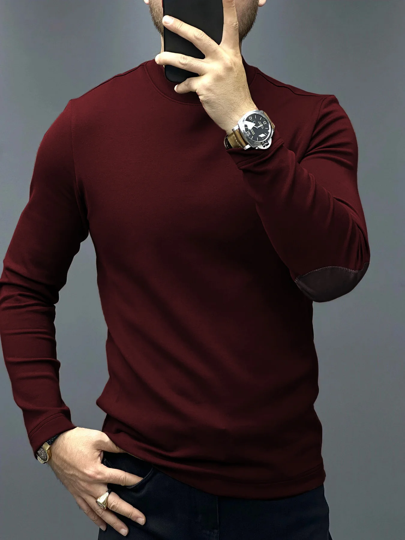 Modal Blend Elbow Patch Long Sleeve Tee:Slim Fit - Image 24