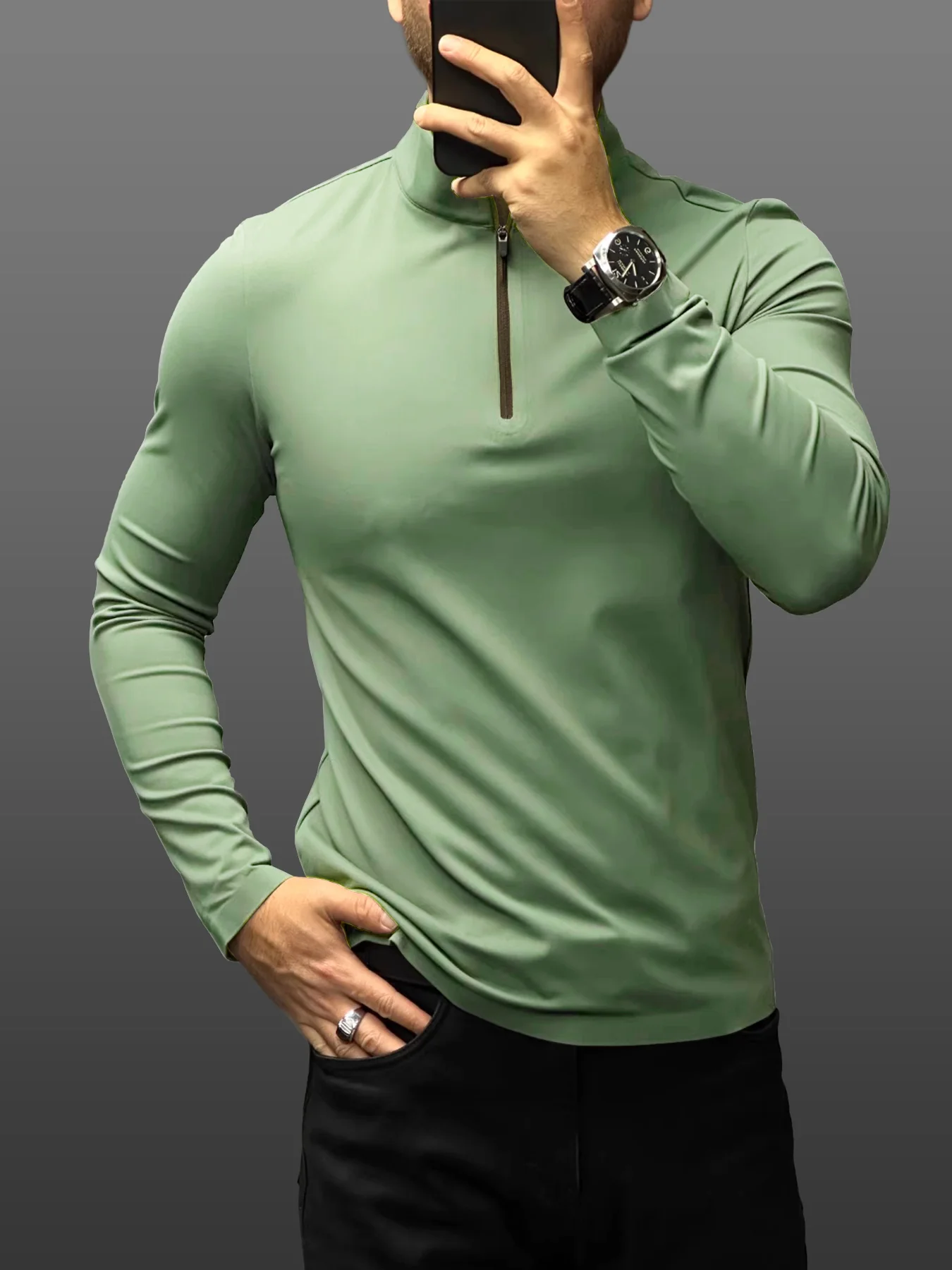 SmoothBlend Slim Fit Half Zip Mock Neck Tee: Zip Contrast Color - Image 11