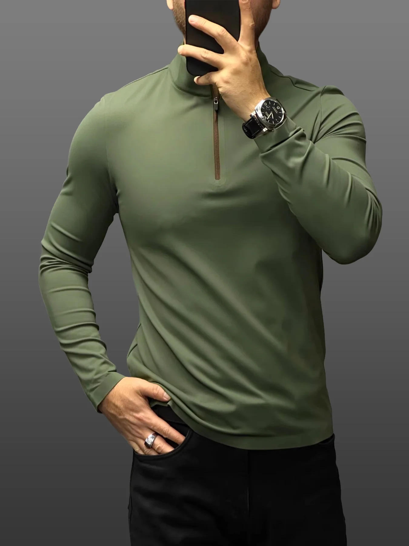 SmoothBlend Slim Fit Half Zip Mock Neck Tee: Zip Contrast Color - Image 22