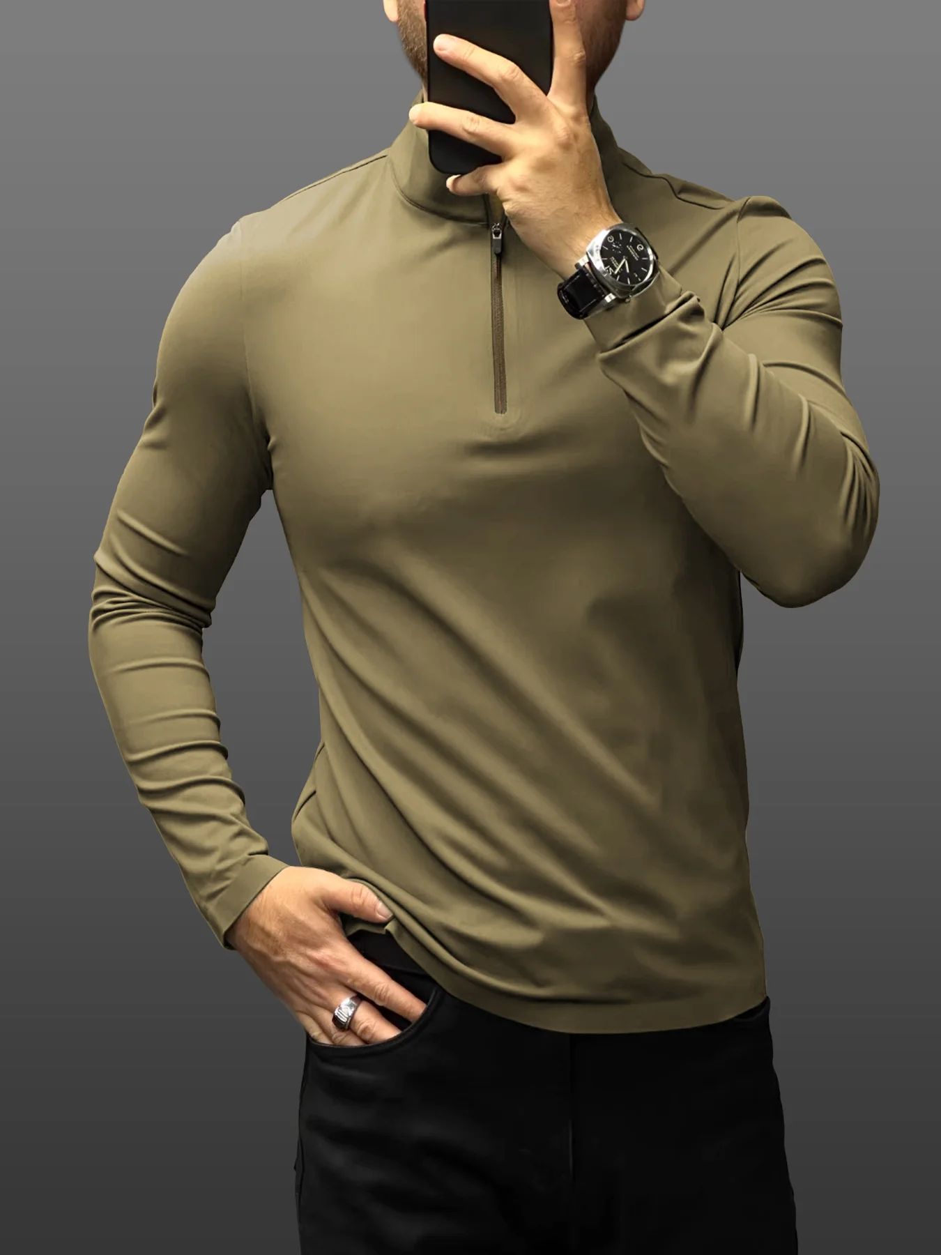 SmoothBlend Slim Fit Half Zip Mock Neck Tee: Zip Contrast Color - Image 26
