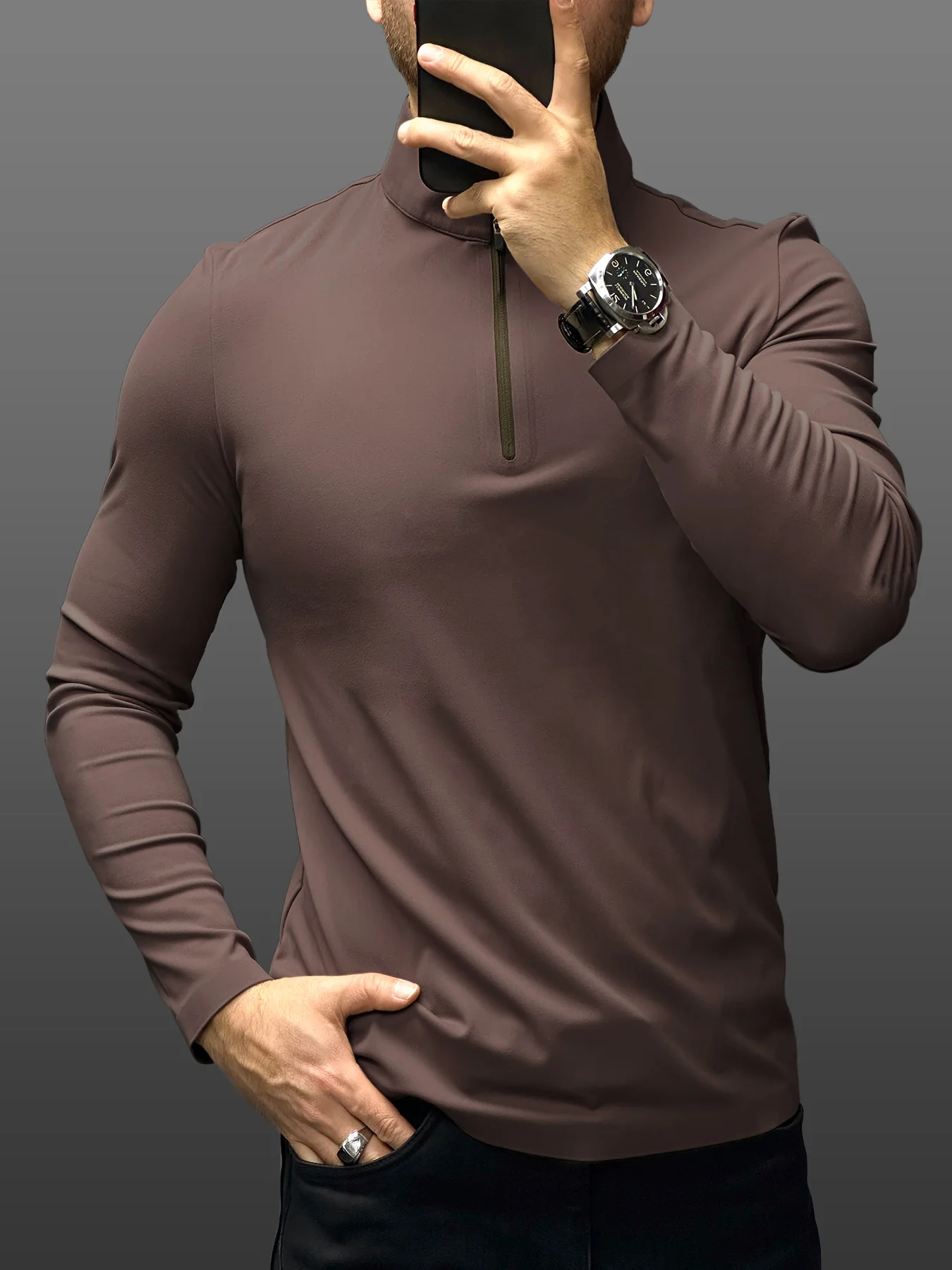 SmoothBlend Slim Fit Half Zip Mock Neck Tee: Zip Contrast Color - Image 30