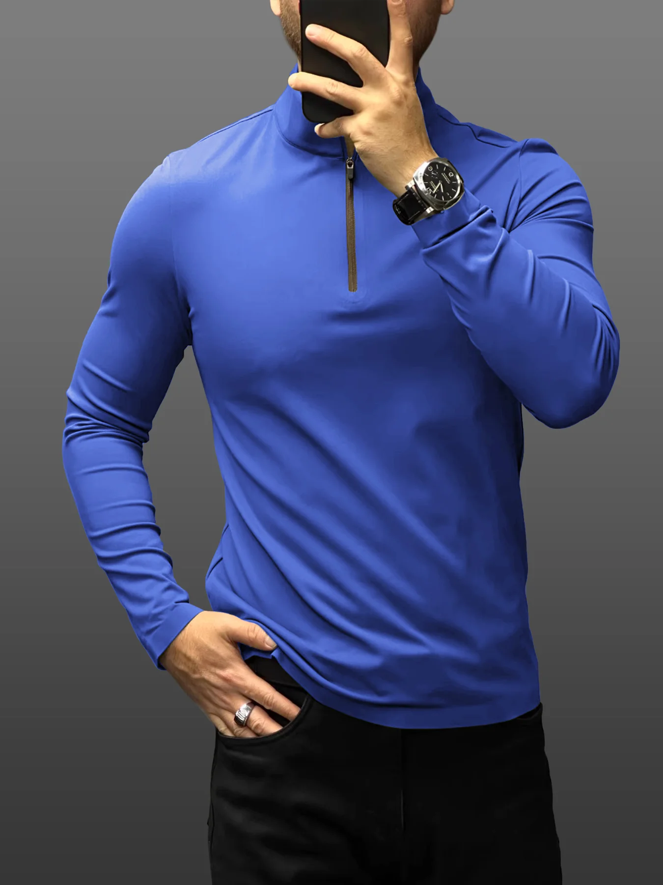 SmoothBlend Slim Fit Half Zip Mock Neck Tee: Zip Contrast Color - Image 15